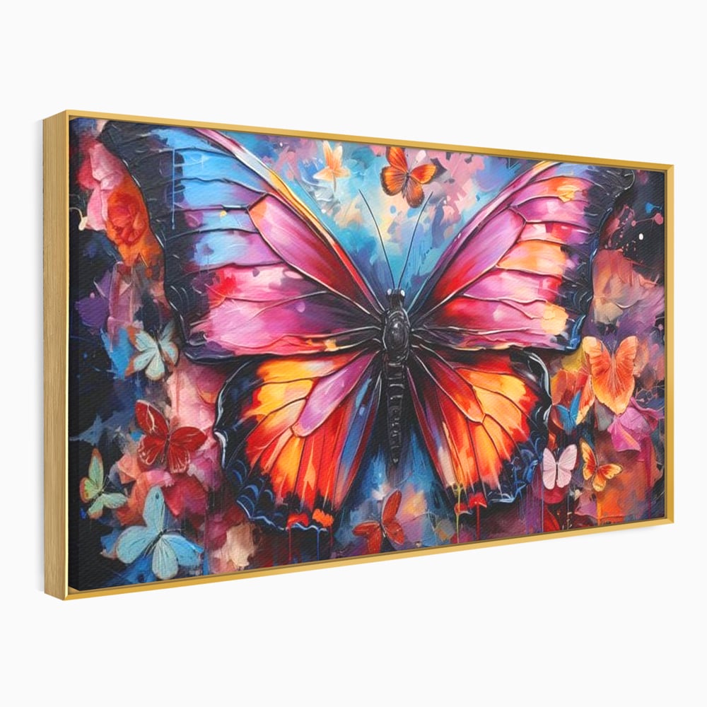 Tablou canvas cu tablou canvas cu fluture central multicolor, in rama de aluminiu auriu